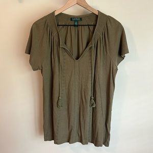 Green Embroidered Lauren Ralph Lauren Peasant Top with Tassels